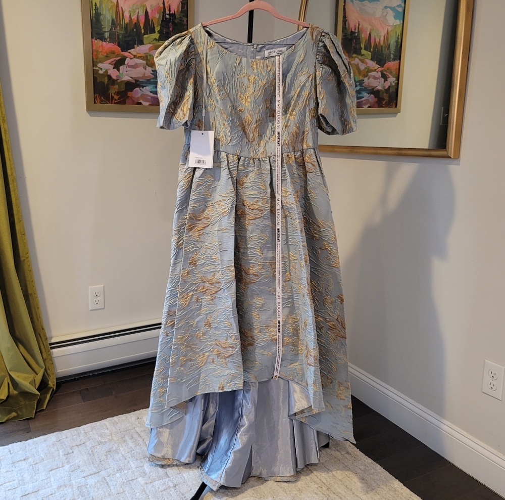 NWT MAC DUGGAL Puff Sleeve Brocade Gown Light Blue Hi Low Hem Size 14 - Picture 4 of 15